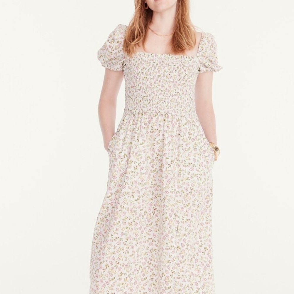 J Crew Puff Sleeve Meadow Floral  Smocked Midi Dress